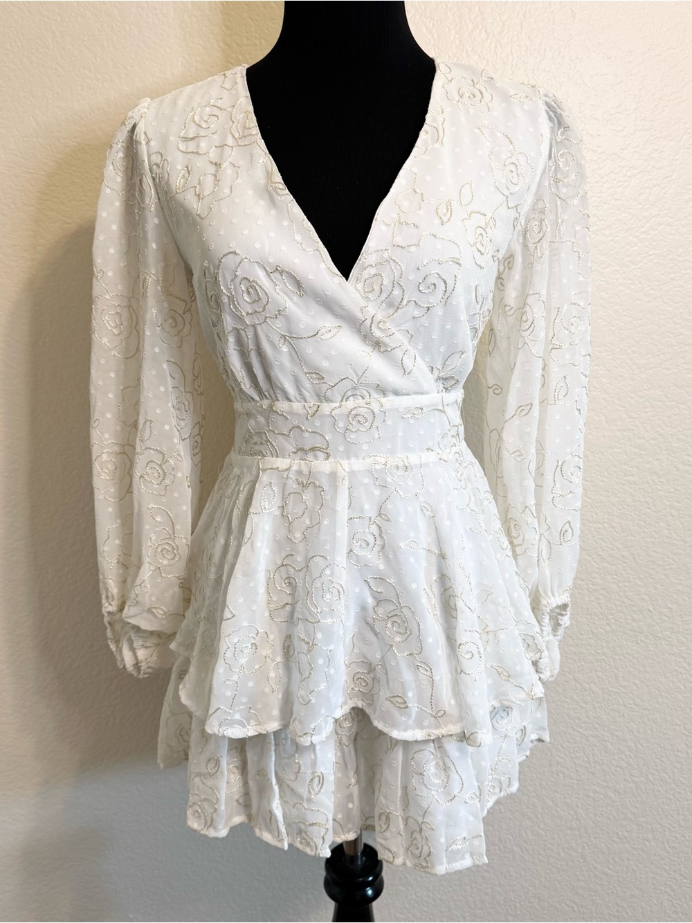 Altar'd State White Flowy Romper with Gold Floral Embroidery - S